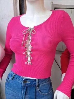 Chelsea from Honey Ribbed Lace-Up Scoop Crop Top - Hot Pink